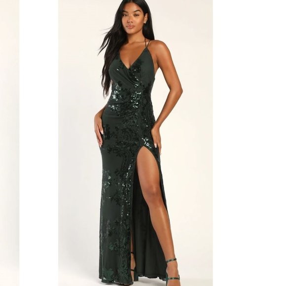 Alluring Attraction Hunter Green Sequin Lace-Up Maxi Dress - Picture 1 of 4